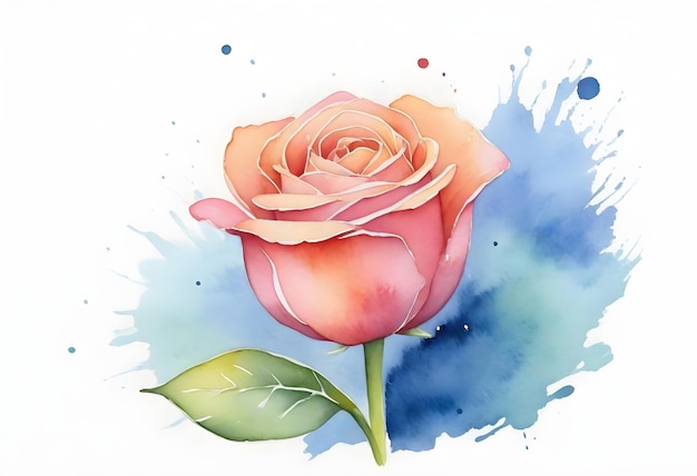 a pink rose with a blue background and a blue and green leaf