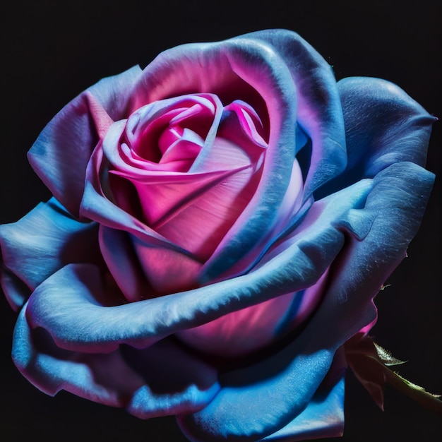 A pink rose with blue and purple colors is illuminated by a black background.