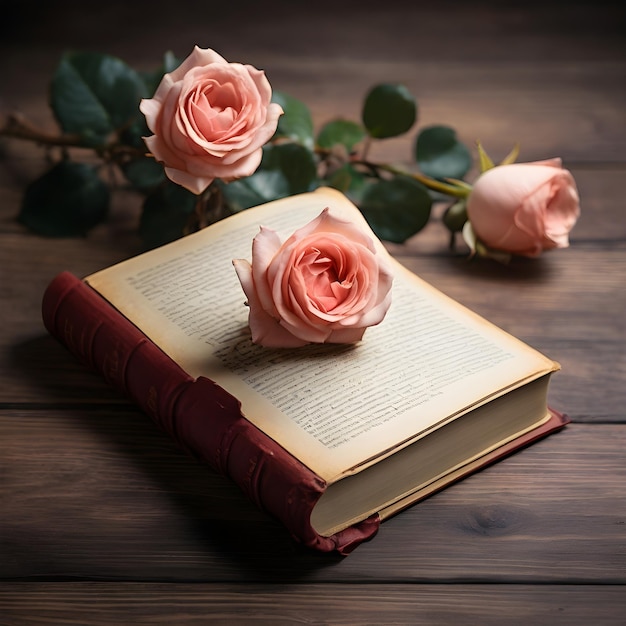 Foto rosa rosa con libri