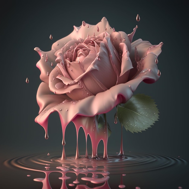 A pink rose with dripping paint dripping down it.