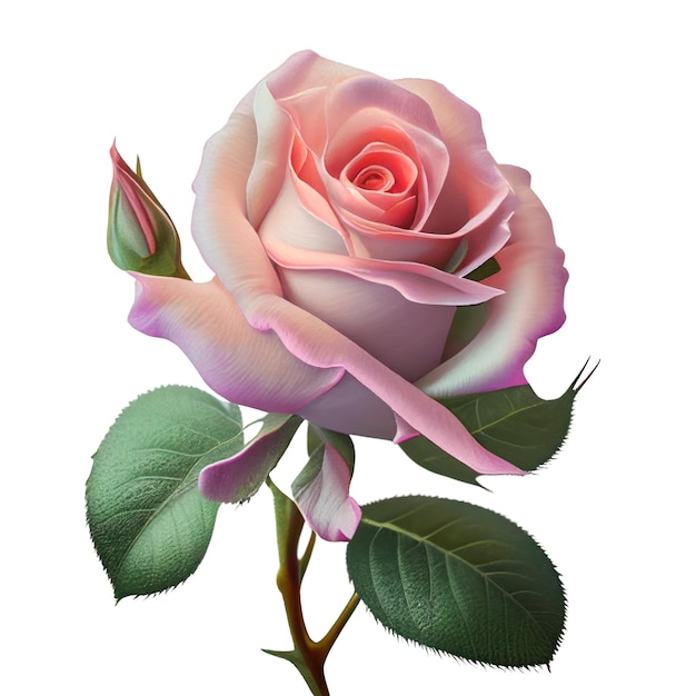 A pink rose with a green leaf on it