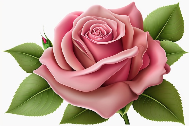 A pink rose with a green leaf on it.
