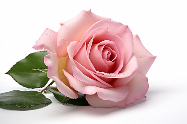 A pink rose with a green leaf on it