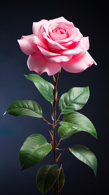 Foto una rosa rosa con foglie verdi su uno sfondo nero