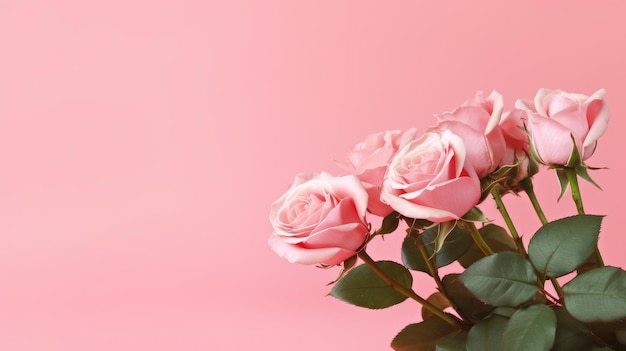 A pink rose with green leaves on the bottom.