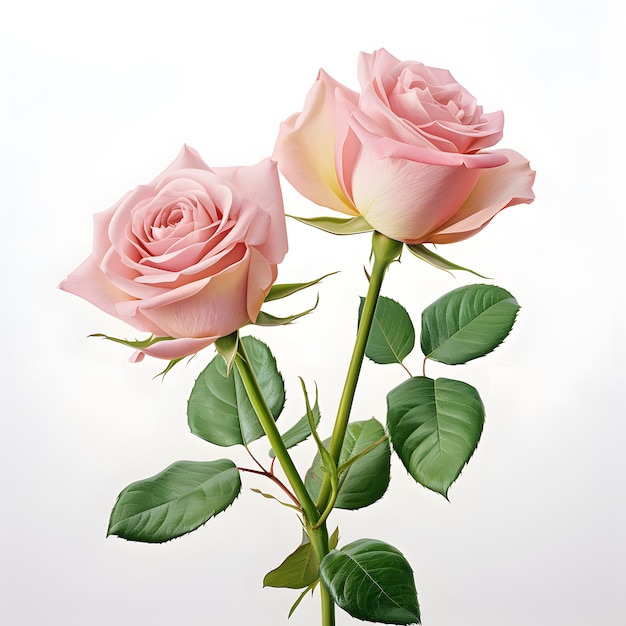 a pink rose with green leaves and a green stem