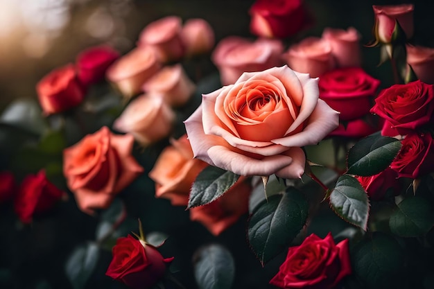 Розовая роза с зелеными листьями и красными розами.