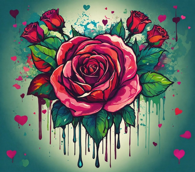 a pink rose with hearts and hearts on it