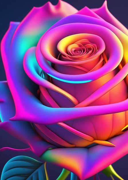 A pink rose with rainbow colors on it