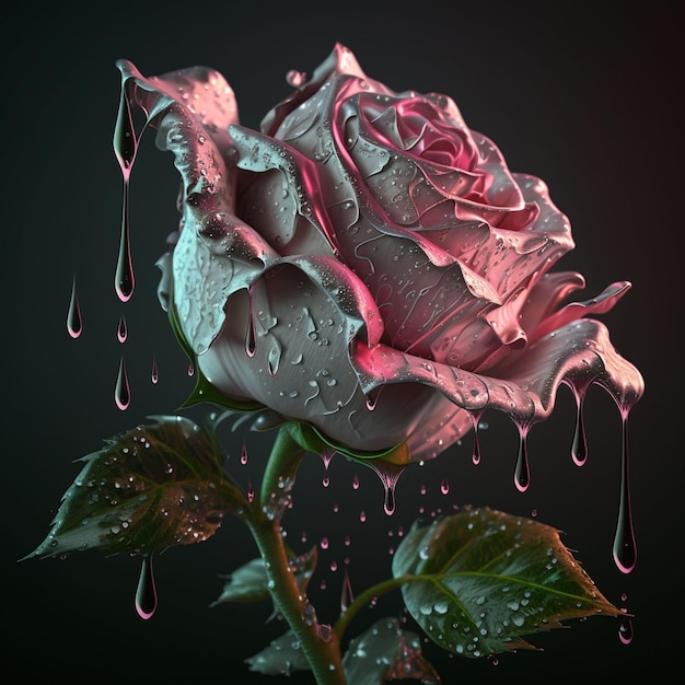 그것에 물방울과 그것에 사랑이라는 단어가 있는 분홍색 장미.