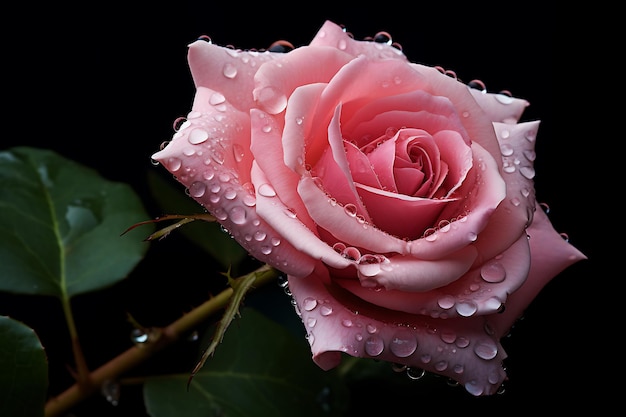 Pink rose with water drops and stem