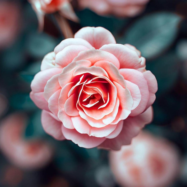 A pink rose with a white center and a red center.