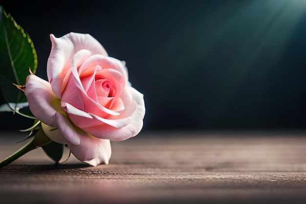 A pink rose on a wooden table with a black background