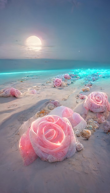 Pink roses are on the beach with a full moon in background generative ai