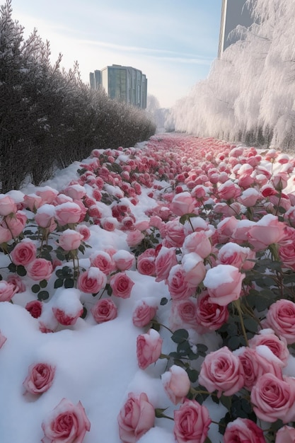 pink roses are covered in snow in a city park generative ai