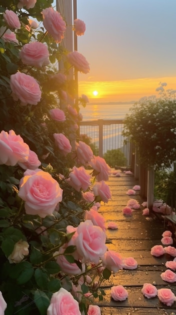 pink roses are on the ground near a wooden walkway generative ai