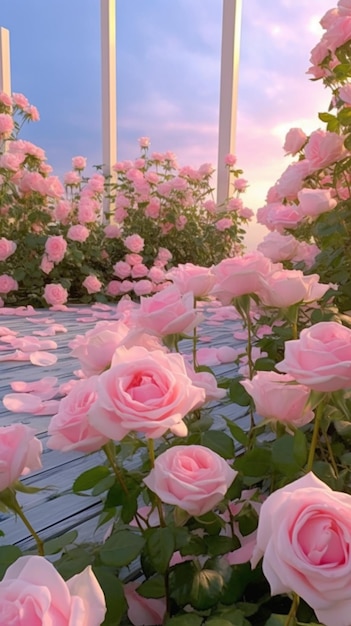 Pink roses are growing in a garden with a wooden deck generative ai