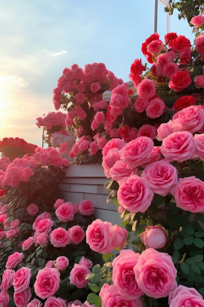 pink roses are growing on a wall in a garden generative ai