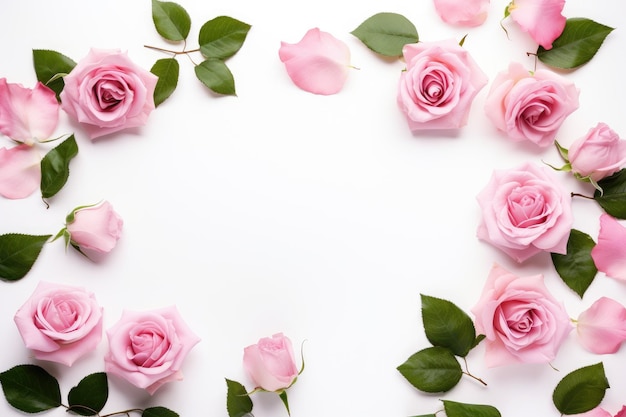 pink roses arranged in a circle on a white background.