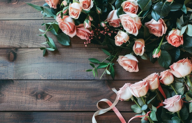 Foto rose rosa disposte su un rustico tavolo di legno per la decorazione floreale