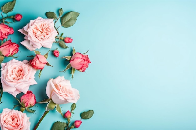 Pink roses on a blue background mothers day background