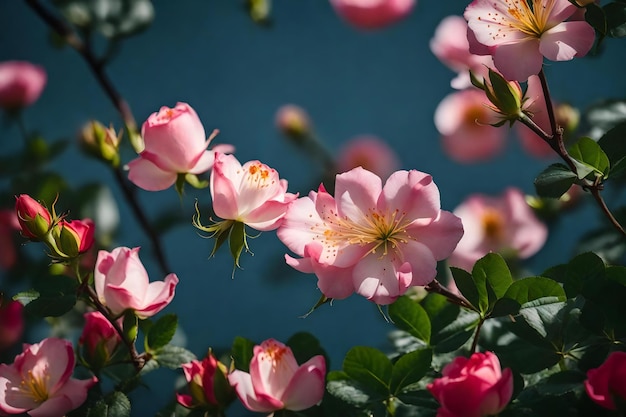 Photo pink roses on a blue background