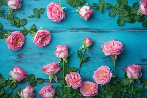 Pink roses blue wooden background Generate Ai