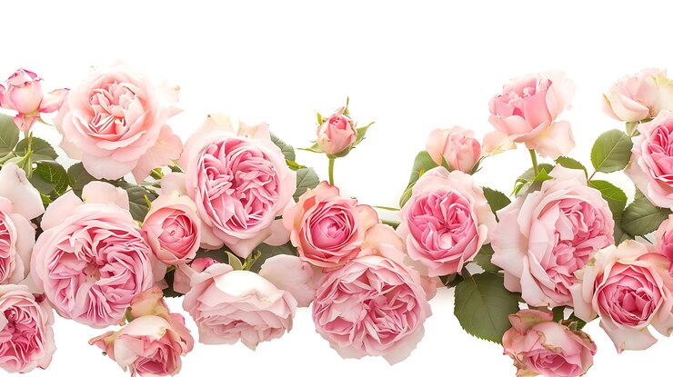 Photo pink roses border with green leaves isolated on white background
