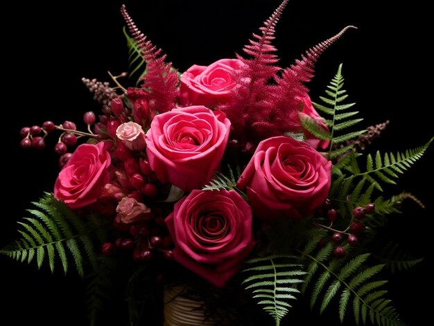 Pink roses in the bouquet with ferns