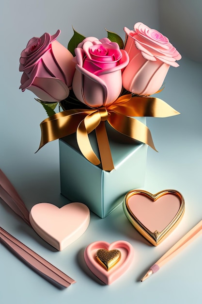 pink roses in a box with a gold ribbon around the bottom.