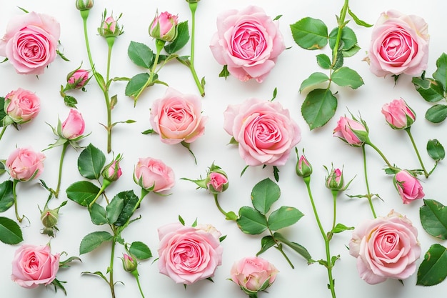 Pink roses and buds on white background