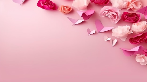 Pink roses and butterflies on a pink background