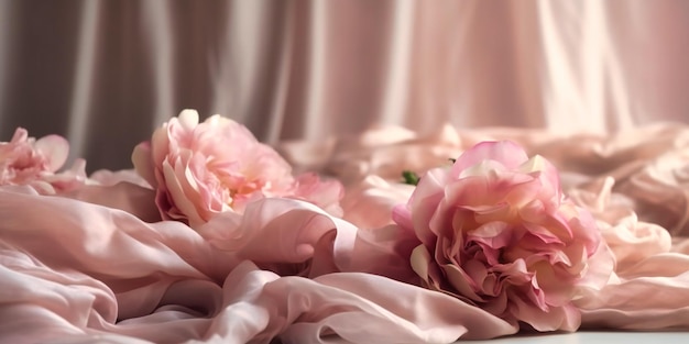 Pink roses by the backdrop of pink fabric