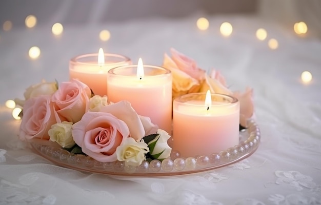 pink roses and candles wedding decor