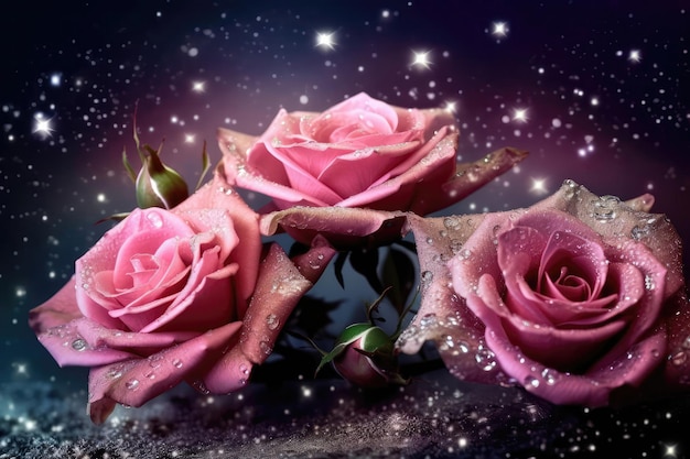 Pink Roses Covered In Sparkles And Stars Generative AI