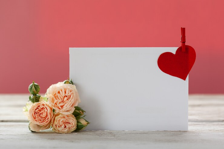 Photo pink roses flowers with gift card and red paper heart on pink 