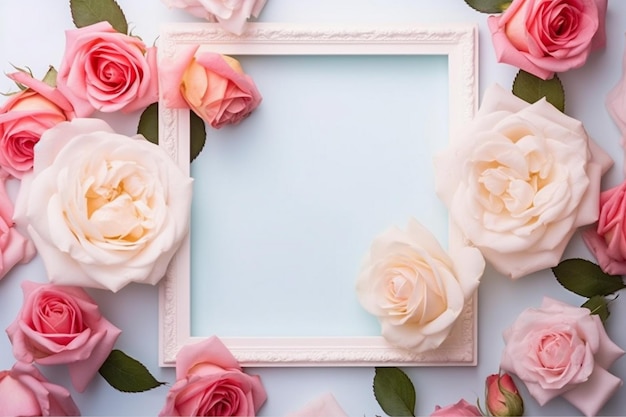 Pink roses and a frame with a blue background