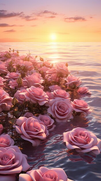 pink roses in front of a sunset