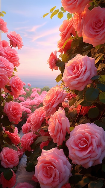 pink roses in front of a sunset