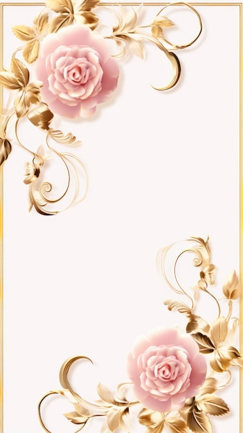 Photo pink roses and gold leaves on a white background