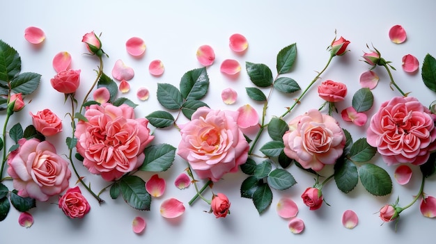 Pink Roses and Green Leaves on White Background