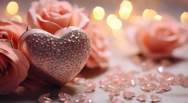 Photo pink roses and a heart shaped silver plate