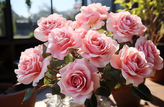 Фото Розовые розы в саду с зелеными листьями