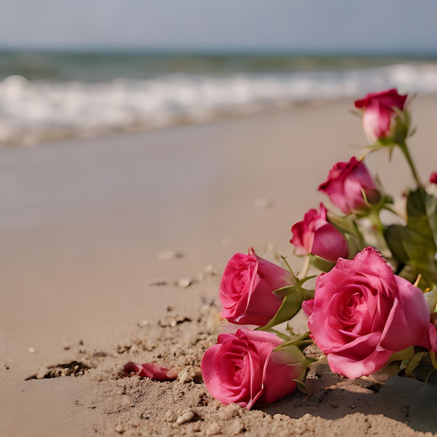 写真 背景に海があるビーチの砂のピンクのバラ
