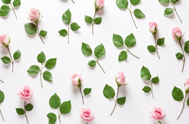 pink roses and leaves on a white background