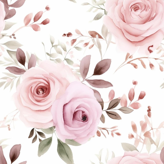 Розовые розы и листья на белом фоне.