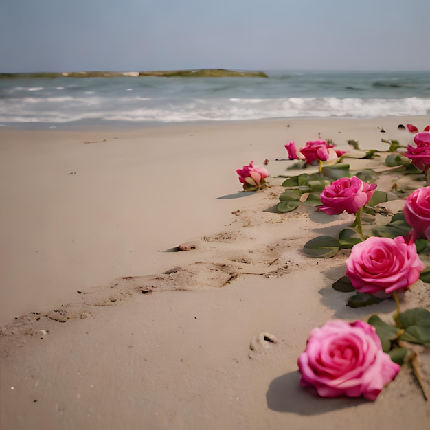 写真 背景のビーチで砂の上にピンクのバラ