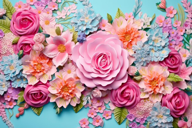 Pink roses and other flowers on a blue background