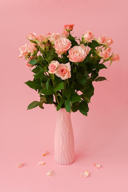 Pink roses pink background Flower arrangement