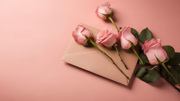 Розовые розы на розовом конверте
